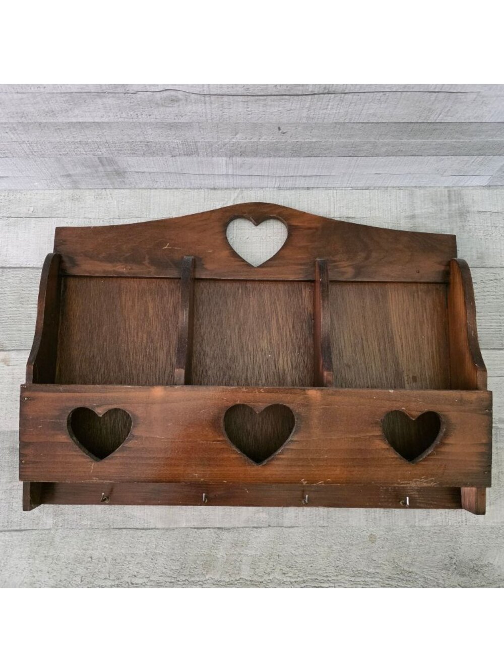 Wooden Wall Organizer With Heart Cutouts & Hooks Rustic Brown 3 Compartments 16"